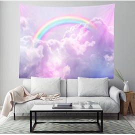 Loccor 5x3ft Dreamy Rainbow Tapestry Photo Backdrop Fluffy Clouds Pink Purple Tapestries Wall Hanging Art Decorations for Kids Baby Bedroom Living Room Dorm Kids Play Room