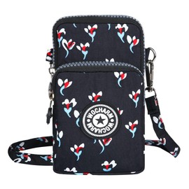 Best World 4 Yu Lightweight Nylon Crossbody Bag Cellphone Wallet for Women Girls Mini Shoulder Purse, Small Bag for Dog Walking with Long Strap(Navy Flowers)