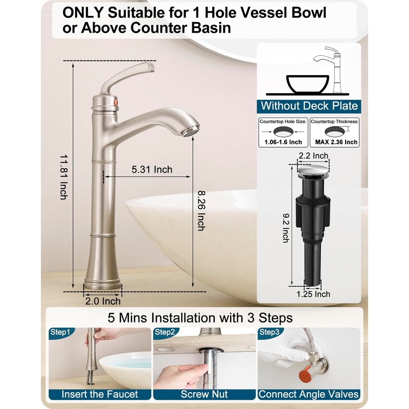 HEYMYTAP Brass Vessel Sink Faucet Brushed Nickel, Single Handle Tall