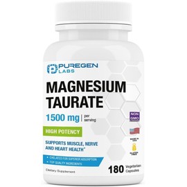 Puregen Labs Magnesium Taurate 1500mg per Serving High Potency 180 Veggie Caps