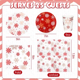 Christmas Snowflake Paper Plates and Napkins Red White Snowflake Plates Cups Party Supplies Disposable Dinnerware Set for Xmas Winter Holiday Decor,Serves 25