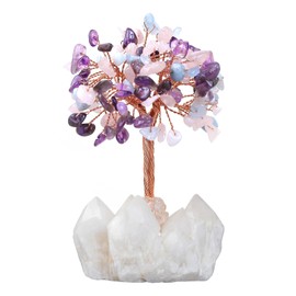 dssmboom Healing Amethyst & Rose Quartz & Aquamarine Crystal Tree on Raw Rock Crystal Cluster Base for Home Office Decor, Handmade Feng Shui Stone Money Tree Bonsai for Wealth and Good Luck