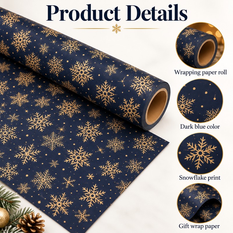 Snowflake Wrapping Paper Roll for Holiday Gifts – Double-Sided Navy