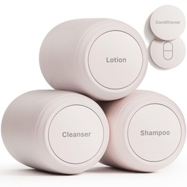 Trimcoo New Travel Toiletry Containers [Ultra Leakproof] TSA-Approved, PLA Hard Shell Jars with 5 Magnetic Labels, Wide Mouth Bottles for Lotion, Cleanser, Shampoo, Conditioner, Beige, 3 Pack, 2OZ