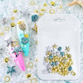 100Pcs Summer Beach Nail Gems and Charms 3D Gold Sliver Starfish Seashell Nail Charms Blue Resin Shell Pearl Nail Rhinestones Ocean Style Nail Art Jewelry for Women DIY Manicure Supplies