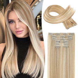 LONAI Clip in hair extensions 6PCS Straight 24" Hair Extensions for Women，Heat Resistant Synthetic Hairpiece-Dark Blonde with Highlights