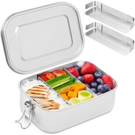 Everusely - Stainless Steel Lunch Box - 27 oz / 0.8 L, 2 Adjustable Dividers - Leakproof Snack and Salad Bento Containers for Adults - Food Storage Boxes with Lids for Work, Picnics, Travel