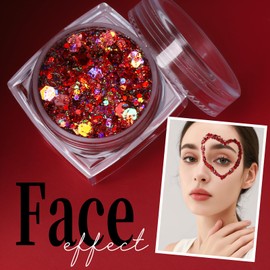 Teenitor Face Glitter Body Glitter, Red Body Glitter Gel, Hair Glitter Gel, 6 Shapes Festival Rave Glitter, Body Makeup Glitters Gel, Chunky Sparkling Glitter for Face, Body and Hair