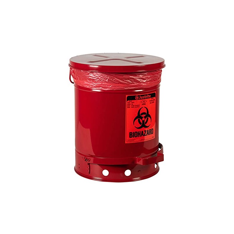 Justrite 05930R Steel Biohazard Waste Can, 10 Gallon Capacity, Red