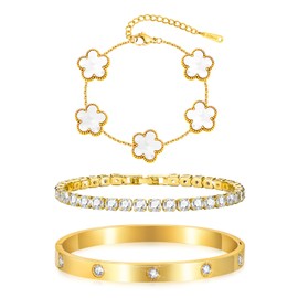 TempBeau Women's Gold Silver Tennis Bracelet - Crystals Tennis Bracelet 6 mm Wide Cubic Zirconia Bangle for Women, Waterproof Tennis Bracelet with Stainless Steel Bracelets Set Gifts for Women, 17 cm