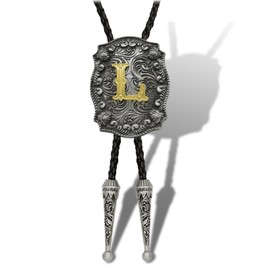 Yjfeshion Western Bolo Tie Golden Initial Letter ABJR to XYZ Cowboy Necktie Handmade Leather Bolo Tie for Men Women L