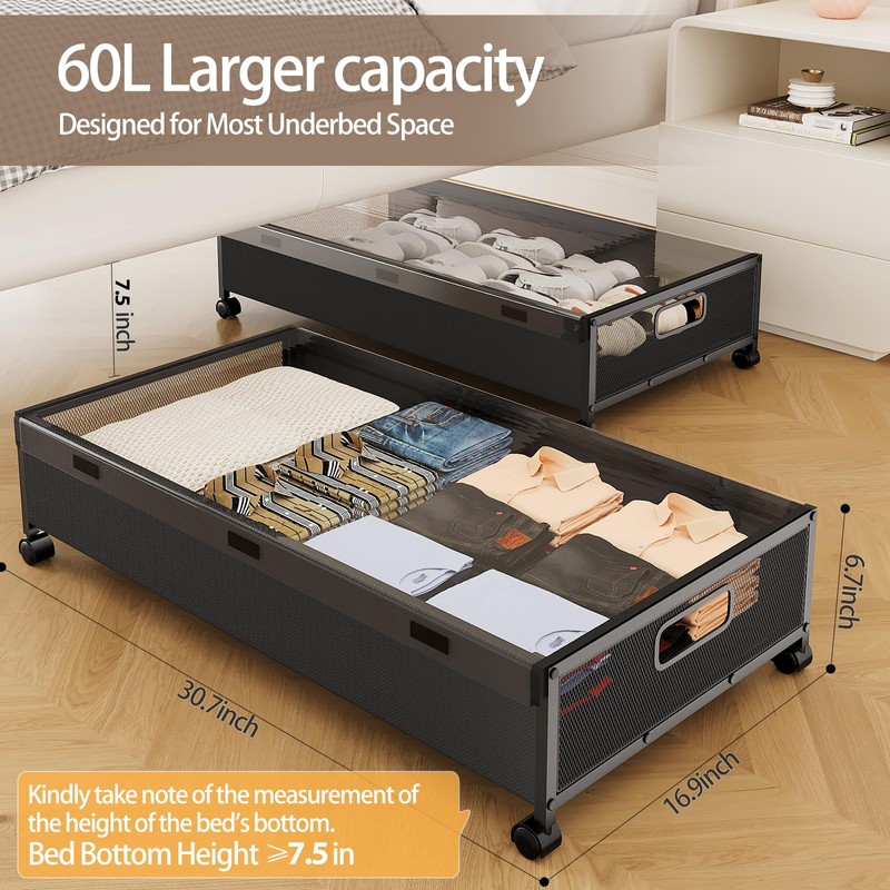 KITHELP Under Bed Storage with Wheels,2 Pack Under Bed Shoe