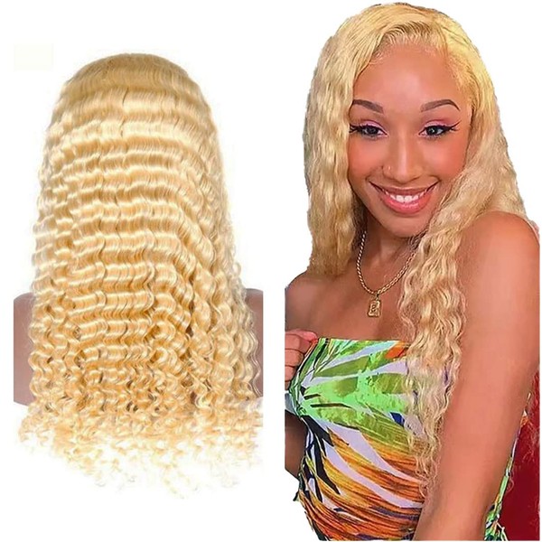 Real Hair Wig Blonde Human Hair Wig 613 Wig Water Wave Glueless Pre Plucked Bleached Knots Remy Peruvian Lace Wigs for Black Women 13 x 4 x 1 Lace Front Human Hair 150% Density 12 Inches