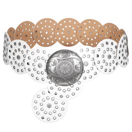 LEACOOLKEY Women Wide Concho Leather Belts Western Disc Waist Belts Ladies Western Belt Boho Disk Concho Belt for Dress