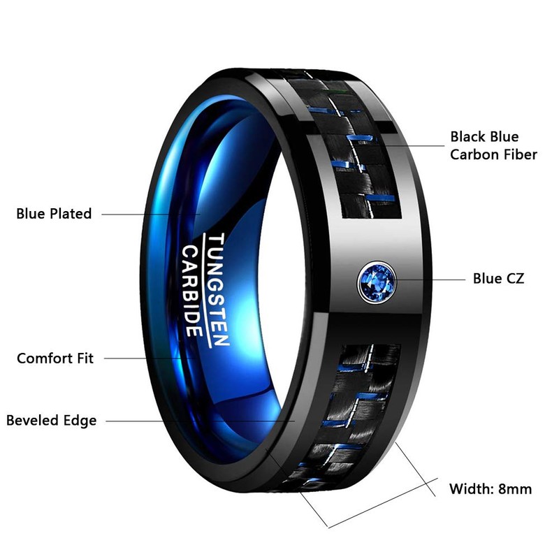 8mm Mens Balck and Blue Carbon Fiber Tungsten Rings Blue
