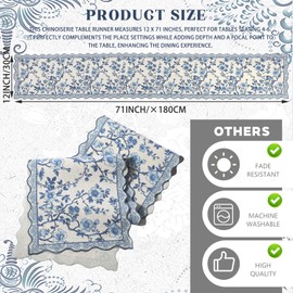 HunnmingRe 71x12 Inch Chinoiserie Table Runner Blue and White Floral Table Runner Vintage Chinoiserie Decor Summer Outdoor Tablecloth Decorative Dinner Tablecloth for Home Dining Kitchen Party Decor