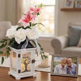HugMemories Memorial Lantern with Lily Rose Flower, Sympathy Gifts for Loss of Mother Father, Funeral Remembrance Gift for Loss of Loved One