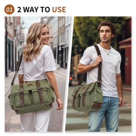 SUIKIHUM Canvas Crossbody Bag for Men and Women, Vintage Shoulder Bag with Multiple Pockets and Adjustable Strap, Fits 13 Inch Laptops, Green