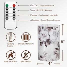 Cafemoon Rose Flameless Candle with Remote & Timer, Flickering Glass Candle, Battery Operated LED Candle, Black White Rose Candle for Home Bedroom Decor 4 x 6 Inch