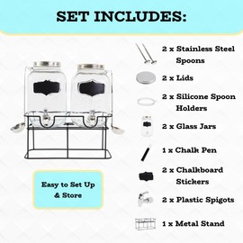 1 Gallon Glass Drink Dispenser with Stand & Stainless Steel Spoons – Perfect for Parties, Fruit Infusions & Boba Tea – Versatile Mason Jar for Lemonade or Detergent