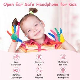 iDIGMALL Bluetooth 5.4 Kid Headphones, Open Ear Headphone w/Noise-Cancelling Mic for Children, 13g Ultra-Light Wireless Headset, Comfort-Fit for Phone Tablet Sports Home School,10H (Pink)
