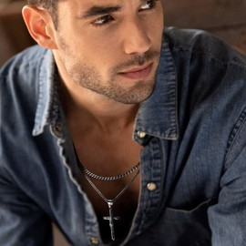 Nymerianoble Cross Necklace for Men, Black Cross Chain Mens Cross Necklaces Layered Men Jewelry Cubna Link Figaro Chain Stainless Steel Crucifix Cross Necklace for Boys Gifts