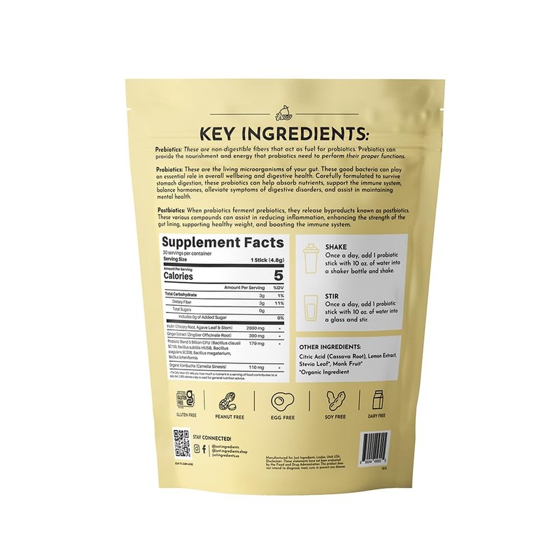 Lemon Ginger 3‑in‑1 Probiotic Complex – 30‑Stick Drink Mix with