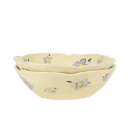 Koythin Salad Bowls Set of 2, Cute Blue Flower Ceramic Bowls, Cream Yellow Serving Bowl for Pasta, Cereal, Fruit, Soup, Rice, Dishwasher and Microwave Safe (Blue Flower Set of 2)