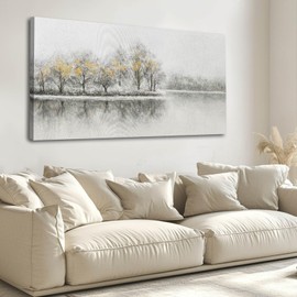 Grey Pictures Wall Decor Lake Painting Nature Scenery Artwork Forest Wall Decorations for Living Room Home 24x48 Inch Neutral Wall Art