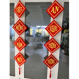 Vietnamese Lunar New Year Decoration Couplets | Red Hanging Couplets for New Year Decorations | Vietnamese New Year Decorations | Lien Treo Trang Tri TET | TET Decor (Large)
