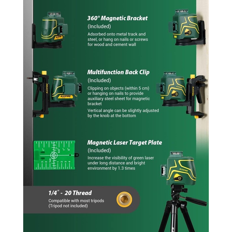 ALEAPOW 3D Laser Level, 147ft 3x360° Green Laser Level, 5.2Ah