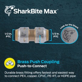 SharkBite Max 1/2 Inch Coupling, Push to Connect Brass Plumbing Fitting, PEX Pipe, Copper, CPVC, PE-RT, HDPE, UR008A