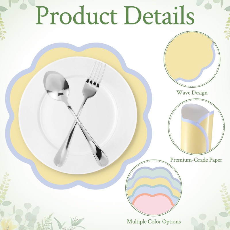 Patelai 48 Pcs Wavy Round Paper Placemats Colorful Pastel Disposable
