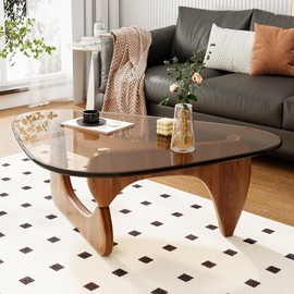 JCAJCA Coffee Table for Living Room Mid Century Modern Center Table with Glass Top and Oak Wood, Brown/Walnut