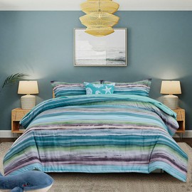 Holawakaka Beach Stripe Bedding Sets 6 Pieces, Aqua Coastal Striped Comforter Set Twin Size All Season Geometric Bed Set, Nautical Bed in a Bag with Comforter, Sheets and Shams