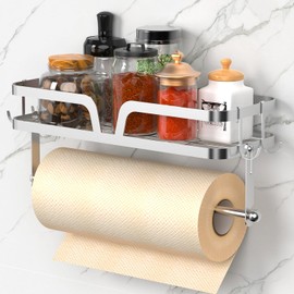 Taozun Paper Towel Holder Wall Mount, Kitchen Paper Holder Spice Rack Paper Towel Roll Holder Bathroom Hand Towel Holder with 4 Hooks (2 Installation Methods - Self-Adhesive and Drilling) Silver