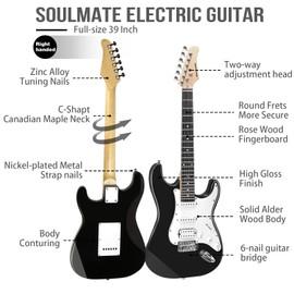 Soulmate Electric Guitar Kit for Beginner 39 Inch Full Size HSS Pick Up Right Handed Starter Solid Body Electric Guitar, with Amplifier, Bag, Capo, Strap, String,Cable, Picks, Black