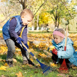 2 PCS 27" Metal Kids Leaves Rakes and 2 Pairs Kids Gloves,Small Kids Lawn Rakes with Wooden Handle,Garden Tool Set for Kids Boys and Girls