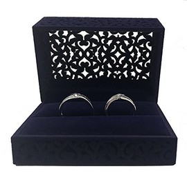 DesignSter Hollow Royal Blue Velvet Ring Box - Couple Double Ring Bearer Box for Wedding, Engagement Gift Favor (Ring Box)