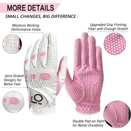 LOVMEAD Golf Gloves Women's Leather Left Right Hand Pair, Extra All-Weather Grip 3D Performance Golf Glove Summer Left Right Non-Slip Soft Comfort S M L XL (Pink, 1 Pair, S)