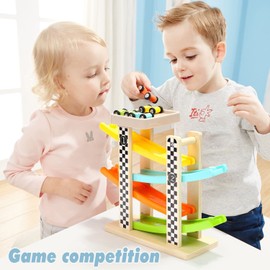 TOP BRIGHT Wooden Car Ramp Toys for 1 2 Year Old Boy Gifts, First Birthday Present for One Two Year Old Car Toy, Baby Toys 12 18 Months with 4 Mini Cars