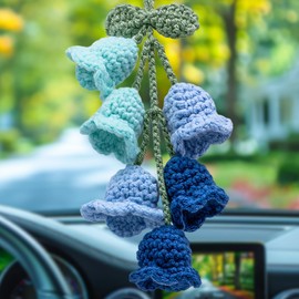 MEAJOO Car Mirror Hanging Accessories, Rear View Mirror Accessories Hanging Decor, Cute Bellflower Hand Knitted Car Pendant Suitable for Key Chains, as Gifts for Women(1 PCS, Gradient Blue)