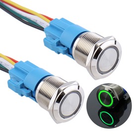 DMWD 2PCS 19MM Momentary Push Button Switch 12V-24V Ring Led 1NO 1NC Self-Reset ON/Off Metal Shell Waterproof with Wire Socket (IP66, Green Led)