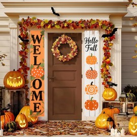HOMETITUTE 2pcs Fall Welcome Porch Banner Sign Set 12x71 Inch Autumn Thanksgiving Decoration Polka Dot Pumpkin Door Banners for Thanksgiving Autumn Home Door Porch Outdoor Decor