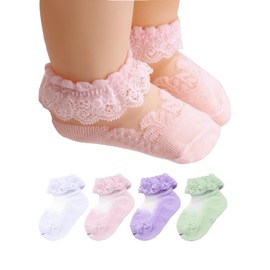Generic Toddler Ruffle Socks Baby Girl Eyelet Frilly Socks Little Girl Princess Lace Ruffle Socks 4 Pairs (US, Age, 3 Months, 12 Months, 04colorful)