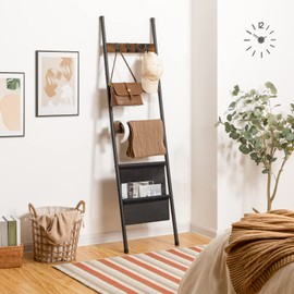HOOBRO Blanket Ladder, 5 Tier Towel Rack, 17.3" L x 63" H, Wall-Leaning Blanket Rack for Living Room, Decorative Ladder with 4 Hooks and Magazine Pocket, Rustic Brown BF32CJ01