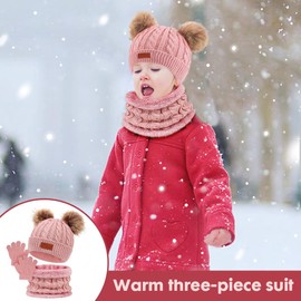yotutun Children's Winter Hat Scarf Gloves Set, 3 in 1 Thermal Knit Hat Scarf Set Fleece Lining Baby Hat Winter Accessories Beanie Knitted Hat for Children Boys Girls 1-8 Years, pink