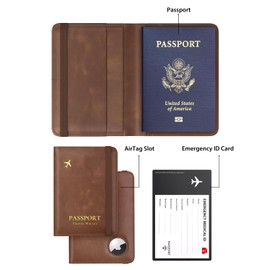 Stouchi AirTag Passport Holder, RFID Passport Holder with Airtag Slot, Multiple Passport Wallet Cover for Men, Leather Passport Case, Anti-Lost Waterproof Travel Accessories, Brown