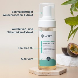 LOBEY Gesichtsreinigungsschaum gegen Akne – Gesichtspflege bei Unreiner Haut – Sanfte Reinigung mit Teebaumöl, Weidenröschen & Birkenextrakt – Natürlich – Anti-Pickel (150 ml)