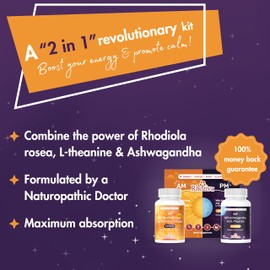 AM PM Multivitamin - Cortisol Supplements for Women and Men with L-Theanine, Ashwagandha - Rhodiola Rosea Supplement 200mg - Vitamin B Complex - Nootropics - Day and Night Vitamins for Women & Men